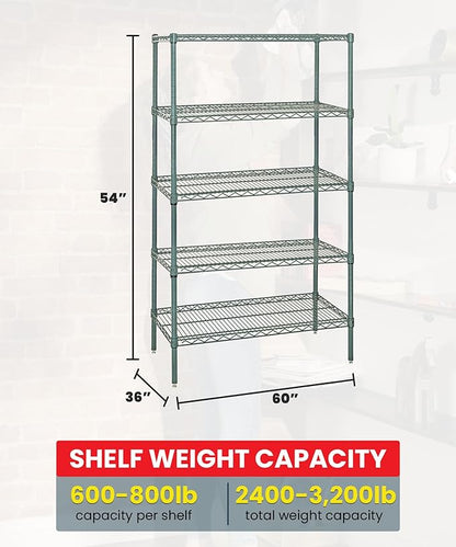 Quantum Storage Systems WR54-3660P-5 Wire Shelving Starter Kit, 60" W x 36" D x 54" H, 600 lbs Capacity, Carbon Steel, Epoxy Coated, Green, NSF