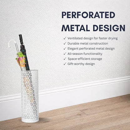 Concepts 8x20 inch Heavy Duty Metal Umbrella Stand - Durable Storage Holder for Umbrellas - Indoor and Outdoor Use - Stylish and Modern Organizer for Entryways. (White Floral Lace)