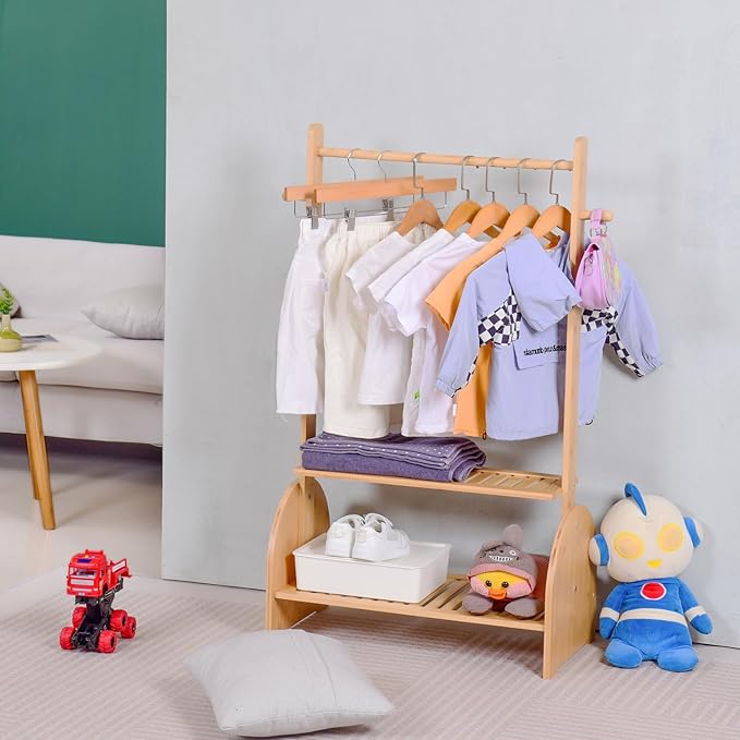Kids Clothing Rack with Adjustable Rods, Children Clothes Garment Rack for Kids Baby Pet, Kids Dress Up Rack with 2 Bottom Shelves, Kids Wardrobe Closet for Toddlers Nursery (Natural)
