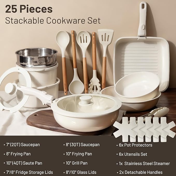 KIKCOIN Ceramic Cookware Set Non Stick Pots and Pans Set Detachable Handle - 25 Pack Stackable Cooking Set for RV Kitchen - Induction Ready - Dishwasher and Oven Safe