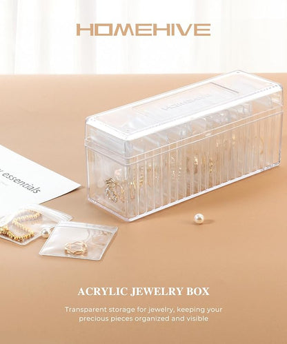 HOMEHIVE Acrylic Jewelry Box Organizer, Clear Jewelry Organizer and Storage with 20 Portable Anti Tarnish Jewelry bags, Travel Jewelry Case for Earrings/Rings/Necklaces Gifts for Women Girls, Clear