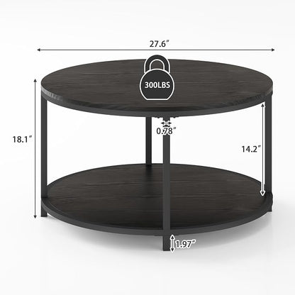 NSdirect Round Coffee Table, 27.6" Small Coffee Table for Living Room,2-Tier Rustic Wood Desktop with Storage Shelf Modern Design Home Furniture(Black)