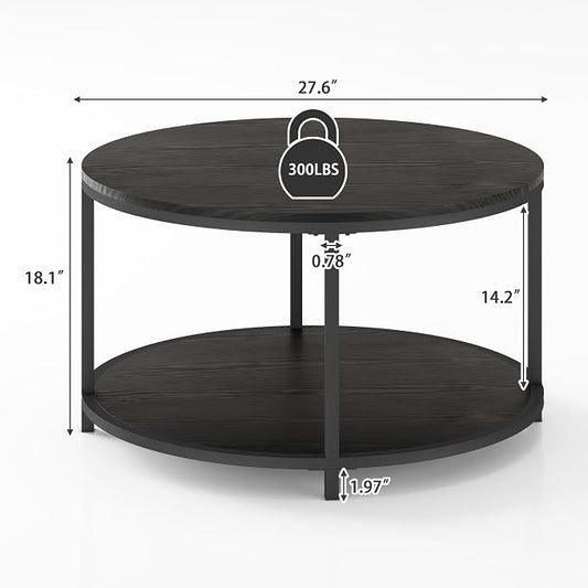 NSdirect Round Coffee Table, 27.6" Small Coffee Table for Living Room,2-Tier Rustic Wood Desktop with Storage Shelf Modern Design Home Furniture(Black)