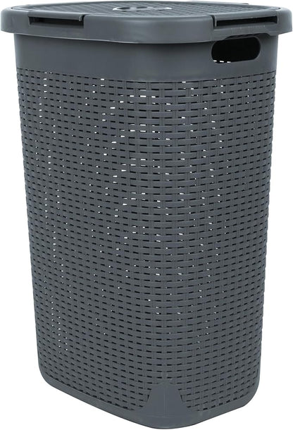 Mind Reader Slim Laundry Hamper with Lid, 60L Tall Clothes Basket, Narrow Tapered Design for Bathrooms, Closets and Laundry Rooms, Plastic, Gray