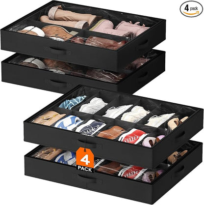 Lifewit Under Bed Shoe Storage Organizer 2 Pack(12 Shoes Cells+4 Boots Cells), 4.3 Inches Profile Fabric Shoes Container Box with Clear Cover, Foldable Storage Bag with 2 Handles, Fits 20 to 32 Pairs
