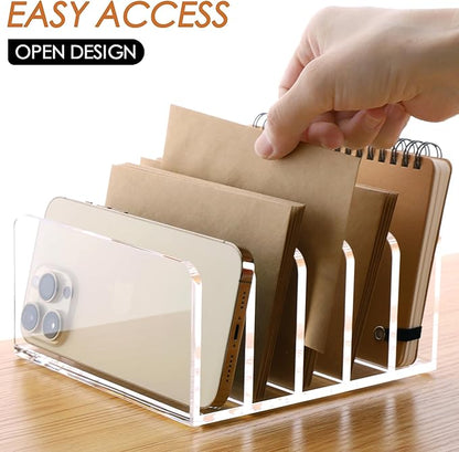 SANRUI Acrylic Desk Organizer, 5 Compartments Mail Organizer,Small File Holders Letter Organizer,Clear Office Organization,Multifunction Sorter Envelope Rack for Office,Home, School