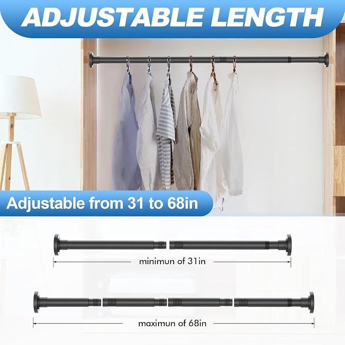 CorkLatta 2 Pack Black Shower Curtain Rod 31 to 68 Inch,1 Inch Diameter Adjustable Spring Tension Stainless Steel Telescopic Rod,Easy Install,No Rust