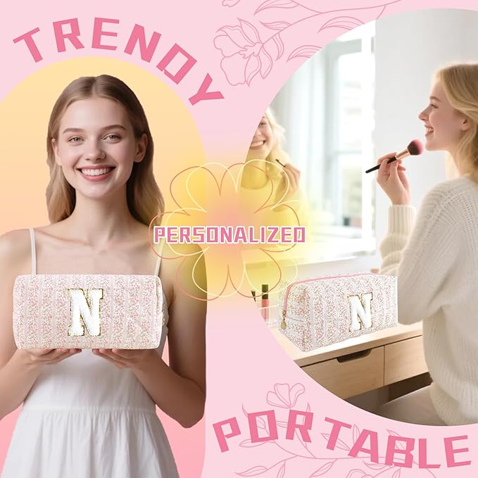Personalized Quilted Cosmetic Bag, Puffy Monogrammed Christmas Birthday Gifts for Women & Girls, Cute initial Floral Makeup Bag Puffer Coquette Bag, Aesthetic Travel Toiletry Zipper Pouch(Pink,N)