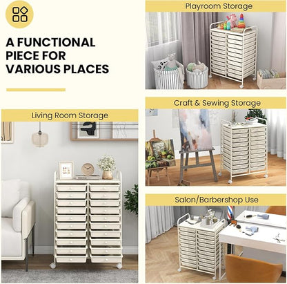 Giantex 20 Drawers Rolling Cart, Mobile Storage Drawer Cart, Classroom Organizer for Office School Supplies Tools Scrapbook Paper Craft Small Printer, Utility Stand on Wheels, Ivory White