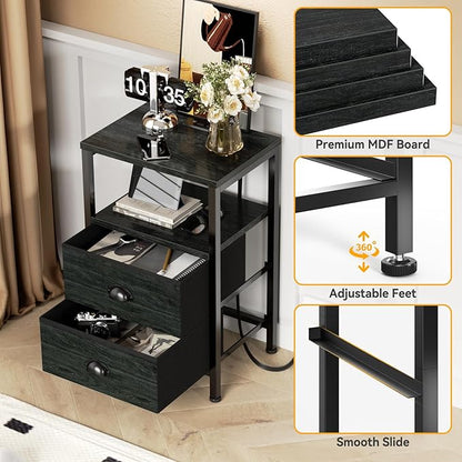 Furologee Nightstands with Charging Station, End Table with LED Lights, Black Night Stands with 2 Fabric Drawers, Bedside Tables with Shelves for Living Room/Bedroom,Black Oak