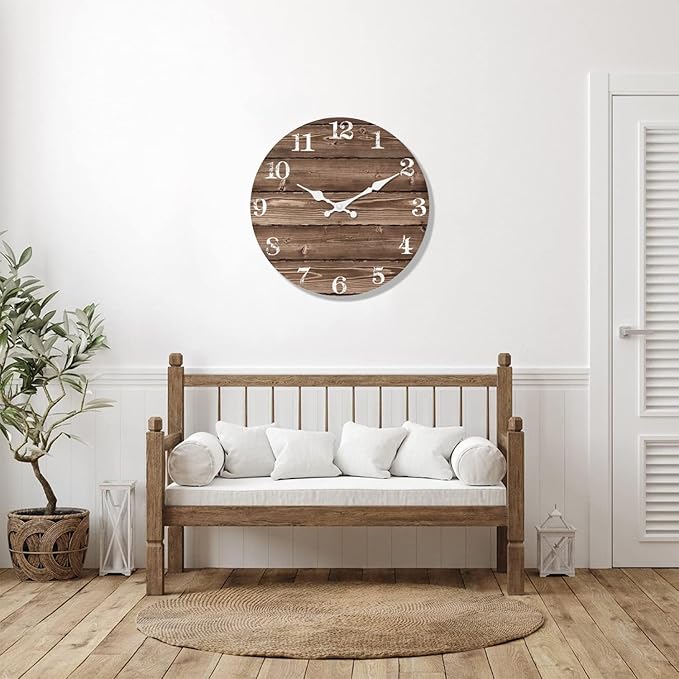 XFM Brown Wooden Wall Clock 12 Inch Silent Wall Clocks Battery Operated Decorative Farmhouse Small Rustic Wall Clock for Kitchen Living Room Office