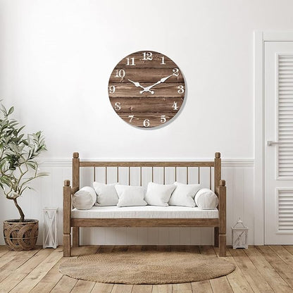 XFM Brown Wooden Wall Clock 12 Inch Silent Wall Clocks Battery Operated Decorative Farmhouse Small Rustic Wall Clock for Kitchen Living Room Office