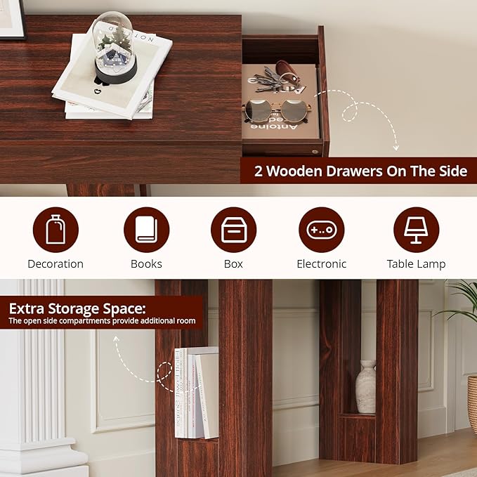FURSUN 63" Console Table with 2 Drawers, Slim Entryway Table for Hallway, Narrow Sofa Table Behind Couch, Farmhouse Long Wood Accent Table for Foyer & Living Room, Dark Walnut
