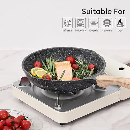 JEETEE 8 Inch Nonstick Frying Pan, Stone Coating Cookware, Nonstick Omelette Pan with Heat-Resistant Handle, Compatible with All Stoves (Grey)