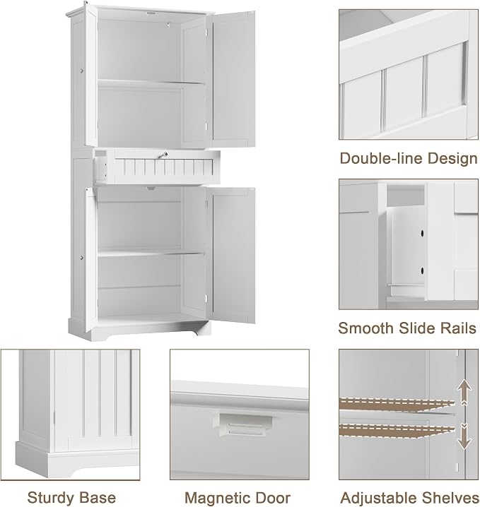 ChooChoo 72" H Tall Bathroom Floor Cabinet, Modern Bathroom Storage Cabinet with Drawer and Adjustable Shelves, Freestanding Kitchen Pantry Cupboard with 4 Doors for Living Room, White