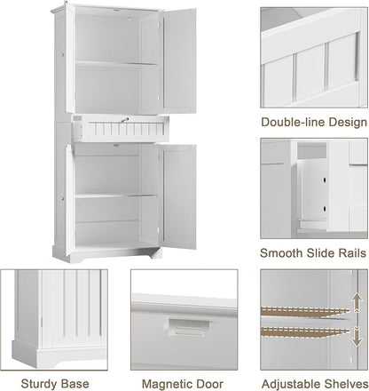 ChooChoo 72" H Tall Bathroom Floor Cabinet, Modern Bathroom Storage Cabinet with Drawer and Adjustable Shelves, Freestanding Kitchen Pantry Cupboard with 4 Doors for Living Room, White
