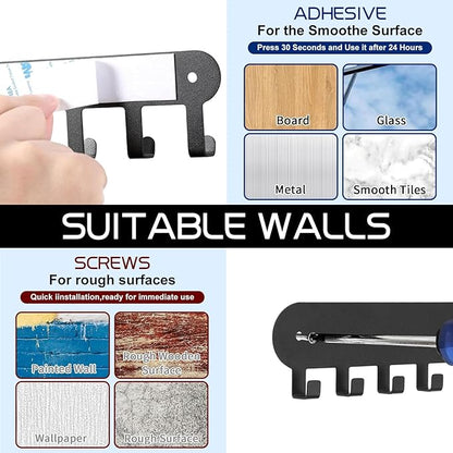 2 Pack Key Holder for Wall,Key Hooks with 10 Hooks,Key Holder Wall Mount Self Adhesive, Key Rack for Wall No Drill for Living Room, Kitchen, Bathroom, Garage (Black)