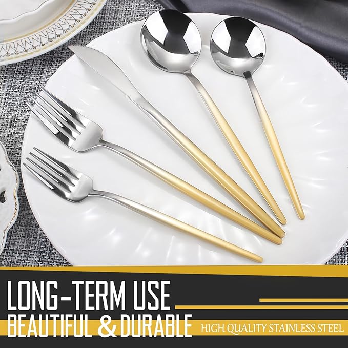 VANVRO Gradient Gold Silverware Set, 20-Piece Stainless Steel Cutlery Set, Kitchen Flatware,Utensil Set Service for 4, Include Knife/Fork/Spoon, Mirror Polished