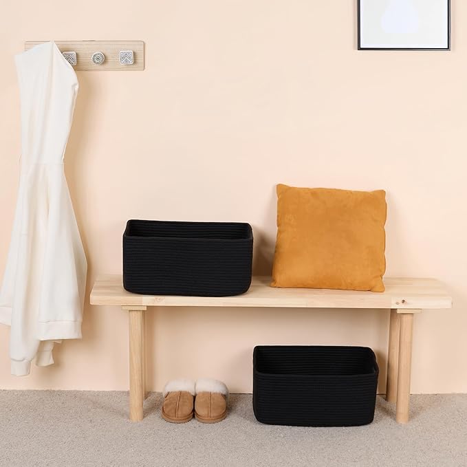 MiniArk Large Storage Baskets for Shelves, Closet Organizers Bins for Clothes Blanket Towels, Baby Nursery, Toy Baskets Box, Woven Rope Baskets, 17 x 13 x 7.5”, 3 Packs Black