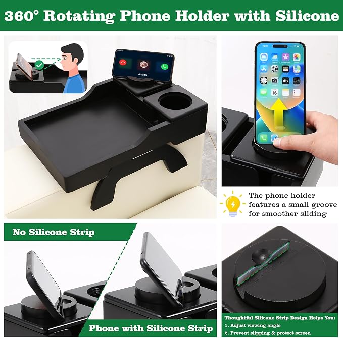 GHKINMAL Couch Cup Holder Tray, 15.4"x9.9" Large 4 in 1 Couch Arm Tray with 360°Rotated Phone Holder, Non-Slip Clip on Side Table for Drinks/Remote/Snacks, Ideal Gift for Husband, Wife, Parents