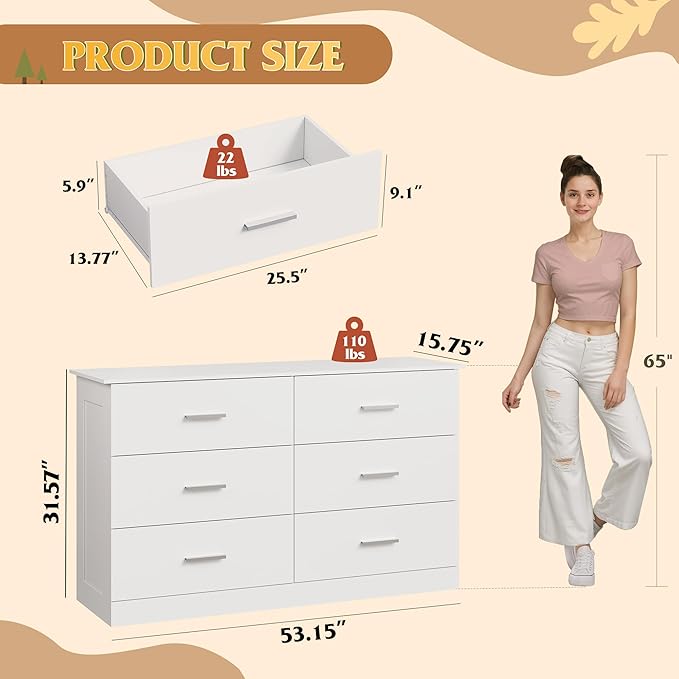 WLIVE White Dresser with 6 Drawers, Wide Wooden Chest of Drawers for Bedroom, Large White Storage Tower Unit, Modern Minimalist Closet Store Organizer for Living Room, Hallway