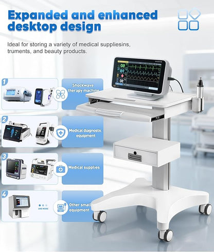 White Medical Trolley Cart with Laptop Tray & Oral Scanner Holder 220LBS, Mobile Workstation with Wheels & Drawer for Hospital Dental Clinics Beauty Salons Lab