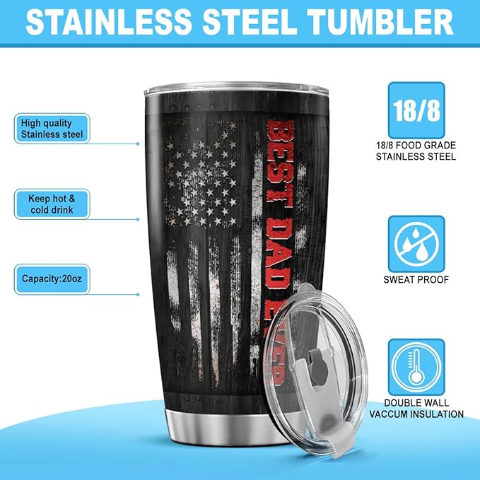 Best Dad Ever Black Travel Mug 20oz, Funny Nutrition Facts Insulated Stainless Steel Tumbler for Father, Husband, Grandpa, Unique Birthday or Father's Day