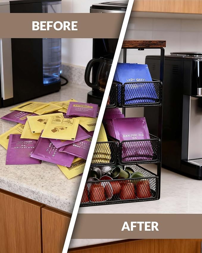Tea Bag Organizer with 5 Drawers, Wooden & Metal Tea Storage Organizer for TeaBags, Coffee Pods, Creamers & Sugar – Countertop Tea Bag Holder for Coffee Bar and Kitchen, Space-Saving Tea Storage Rack