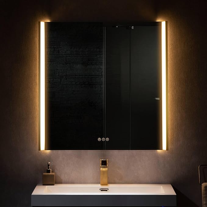 Blossom LED Bathroom Mirror, 36x32 Inch Gradient Front and Backlit LED Mirror for Bathroom, Brushed Gold Frame, Foldable Wing Design, 3 Colors Dimmable CRI>90 Double Lights, IP54 Enhanced, Anti-Fog