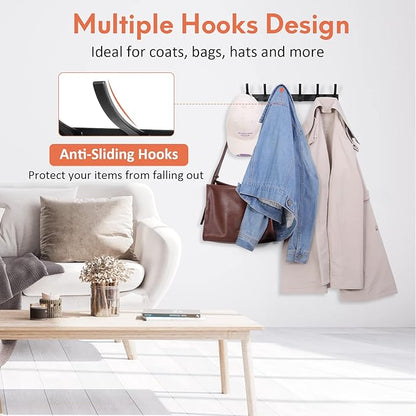 Coat Rack Wall Mount, Coat Hook Wall Mount, Wall Hooks for Hanging, Hat Rack for Walls, Coats Hanger with 12 Hook, Towel Hooks for Bathrooms (1 Pack, Black)