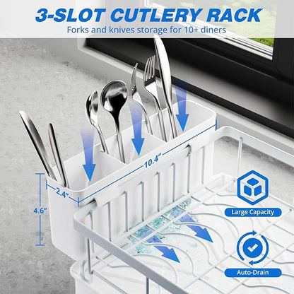 Godboat Dish Drying Rack, 2-Tier Dish Rack with Auto-Drain & Mat, Dish Racks for Kitchen Counter, Dish Drainer with Knife, Fork & Cup Rack, Gifts for Women, Mothers Day, Kitchen Gadgets, White