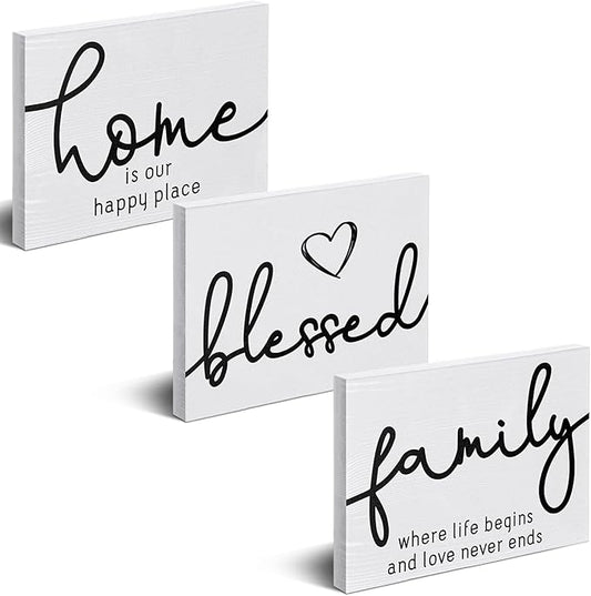 Jetec 3 Pcs Family Home Blessed Rustic Wood Sign Mini Wood Decorative Farmhouse Woodworks Table Shelves Decorations Sign for Bedroom Kitchen Living Room Table Decor(White,5 x 7 x 0.59 in)