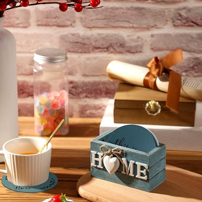 Queekay Coasters Set of 6 House Warming Gifts New Home Wooden Farmhouse Drink Coasters with Holder 4'' Funny Decoration for Kitchen Family Coffee Bar Tabletop Protection(Ocean Color)