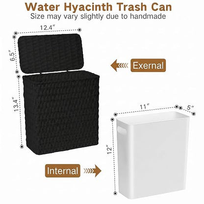 iEGrow Paper Rope Trash Can,Bathroom Trash Can with Lid, 3 Gallon Wicker Waste Basket with Removable Liner, for Bedroom, Living Room, Toilet, Under Sink Black