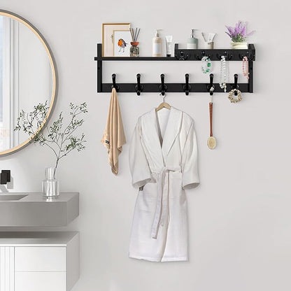 Coat Rack Wall Mount with Shelf, 27.5" Entryway Wall Hanging Shelf, Coat and Key Hanger with 10 Dual Hooks, Mail Organizer and Key Holder Hat Rack for Wall, Wood Coat Hooks with Storage