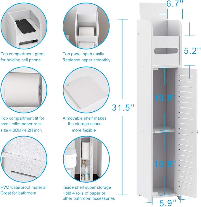 AOJEZOR Toilet Paper Holder Stand: Small Bathroom Storage Cabinet for Small Spaces,White