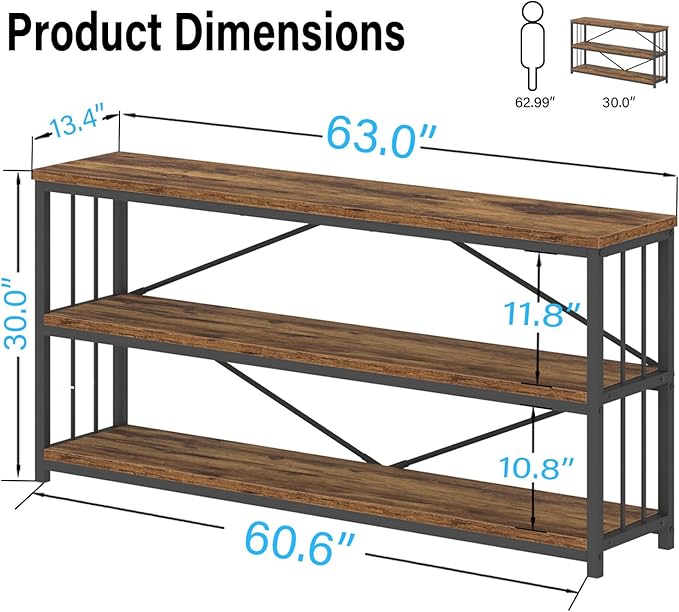 LVB Rustic 3 Tier Entryway Table, Industrial Long Wood Sofa Table Behind Couch,Farmhouse Narrow Console Table with Storage Shelf, Modern Hallway Entry Table for Foyer Living Room, Rustic Brown, 63