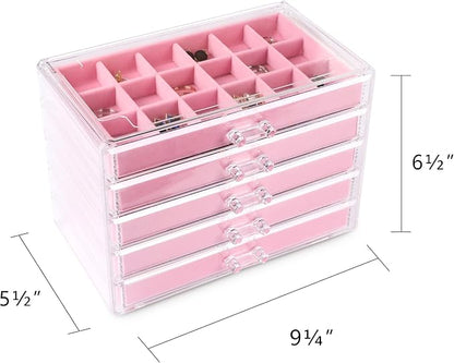 Frebeauty Acrylic Jewelry Organizer Earring Organizer Box with 5 Drawers Earring Holder Organizer with Velvet Trays Clear Jewelry Box for Women Earring Display for Rings StudsPink