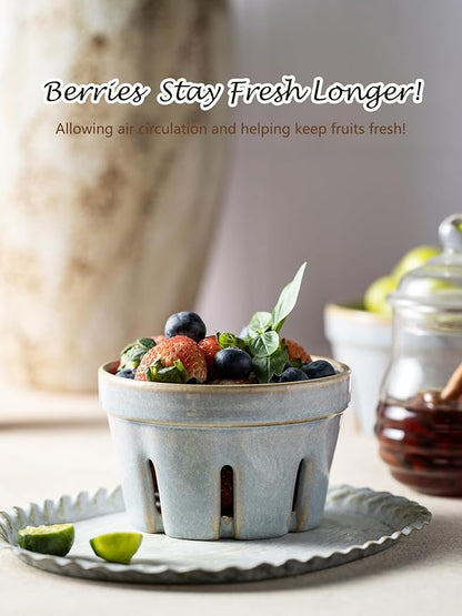Gomakren Ceramic Berry Basket Set of 2, Round Fruit Bowl with Holes, Fruit Storage Containers for Kitchen Fridge, Cute Strawberry Basket for Berries, Grape, Cherry, Gray