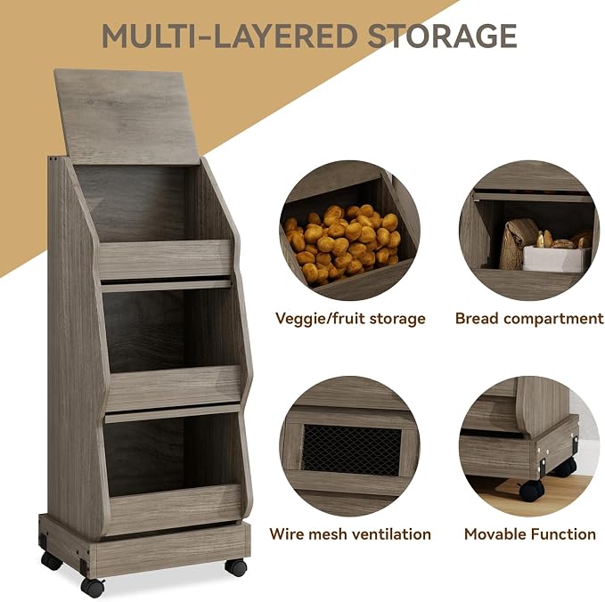 ARTETHYS Potato and Onion Storage Bin with Wheels Gray Movable Bread Box with Lid Onion Organizer with Grocery Section Decorative Vegetable Organization Cabinet for Kitchen