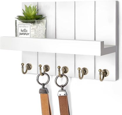 Rebee Vision Key Holder for Wall - Decorative Mail Organizer Wall Mount with 5 Key Hooks for Modern Farmhouse Apartment Essentials - Home Decor for Living Room (Rustic White, 3.54"D x 10"W x 7.28"H)