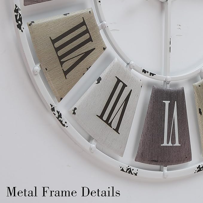 Distressed Metal Wall Clock 16 Inch, Industrial Vintage Roman Numerals, Weathered Iron Frame Farmhouse Office Cafe Decor