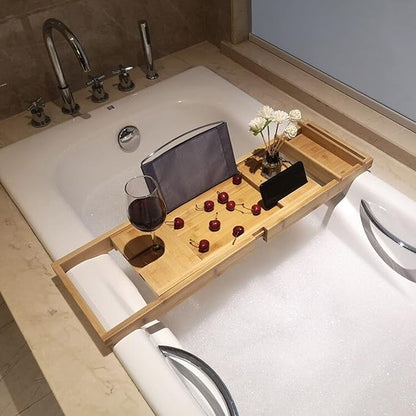 Bamboo Bathtub Tray Expandable Bathroom Tray for Home Spa Relaxation, Premium Foldable Wood Bath Table, Soap Dish, Book, Phone & Tablet Holder, Wine Glass Slot - Relaxing Bath Caddy