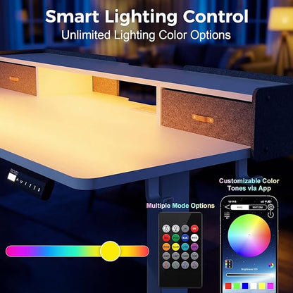 Electric Standing Desk with Drawers, 63 Inch Height Adjustable Desk with Power Outlets & LED Lights, Sit Stand Table with Monitor Stand for Home, Office, White