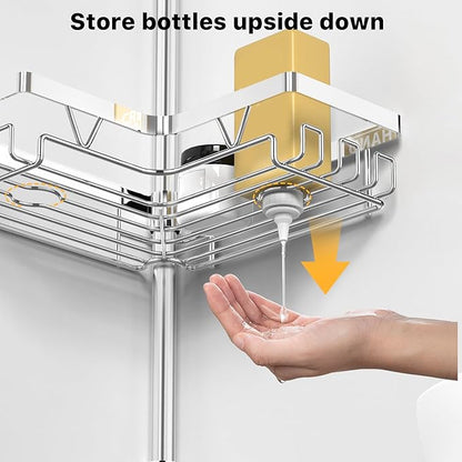 KEGII Corner Shower Caddy Tension Pole - Chrome 4-Tier Adjustable Shower Tension Rod Organizer with Hooks & Soap Holders, 25-114.2 Inch Stainless Steel Shower Storage Rack for Renters & Family