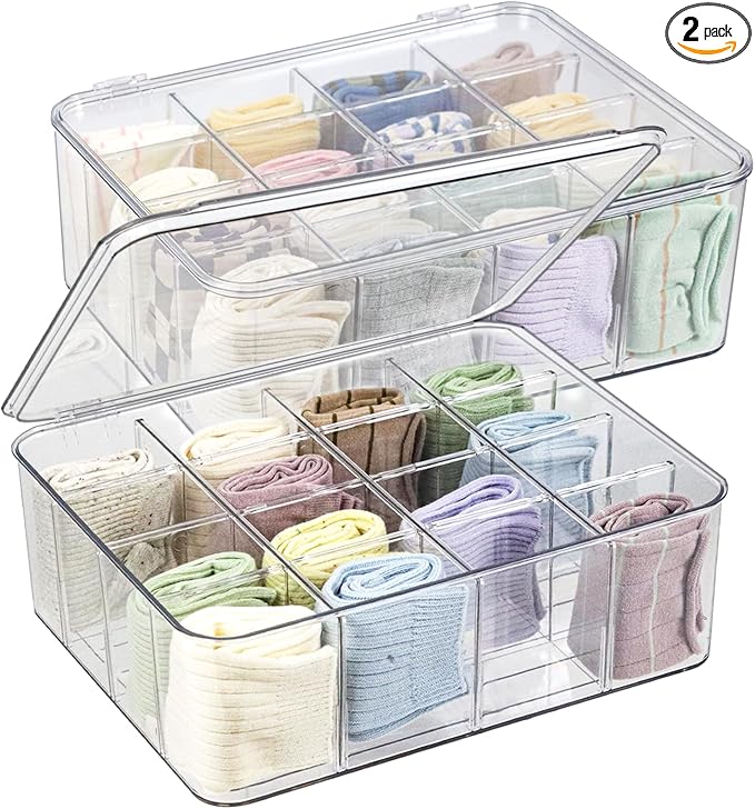 ZEXALOR Plastic Clear Storage Containers, Set of 2, Sock Organizer Divided Boxes with Lids, Underwear Drawer Organizer, Tie Dresser Organizer (11.8×9.4×3.9")
