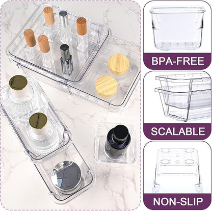 14 Pcs Clear Drawer Organizer, Adjustable Drawer Storage Box, 3-Size Desk Drawer Organizer, Acrylic Storage Bins for Makeup, Cosmetic, Kitchen Utensils, Bedroom Dressers Tool Organizer for Gadgets