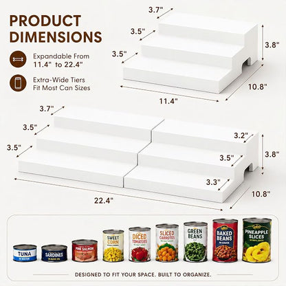 Expandable Wooden Can Organizer for Pantry, Adjustable 3-Tiered Shelf Holds 24 Cans, Rack for Cabinet & Countertop, Space Saving Holder for Small Kitchens & Apartments, White