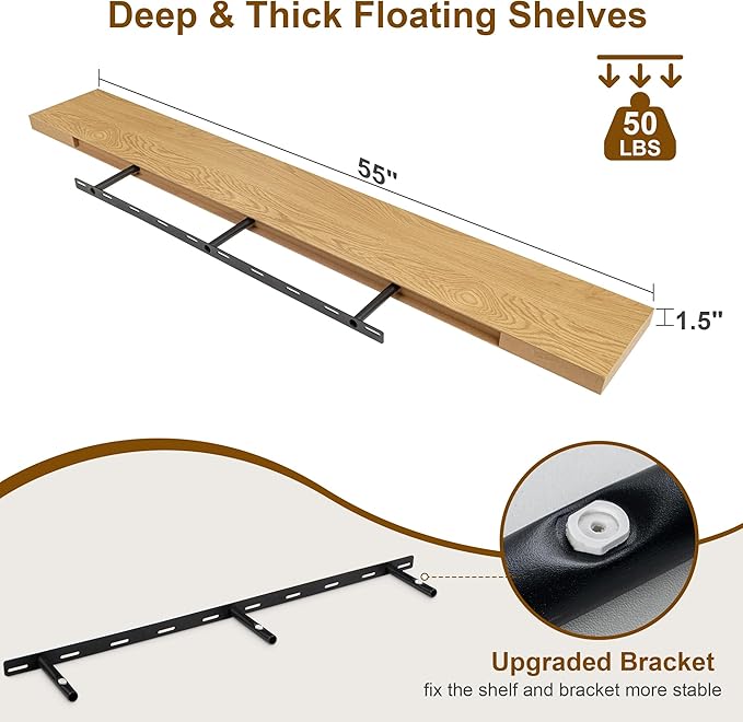 Fun Memories Floating Shelves for Wall, 55Inch Floating Shelves Set of 2, Hanging Shelf with Invisible Brackets, Wood Shelves for Living Room, Bedroom, Kitchen, Oak