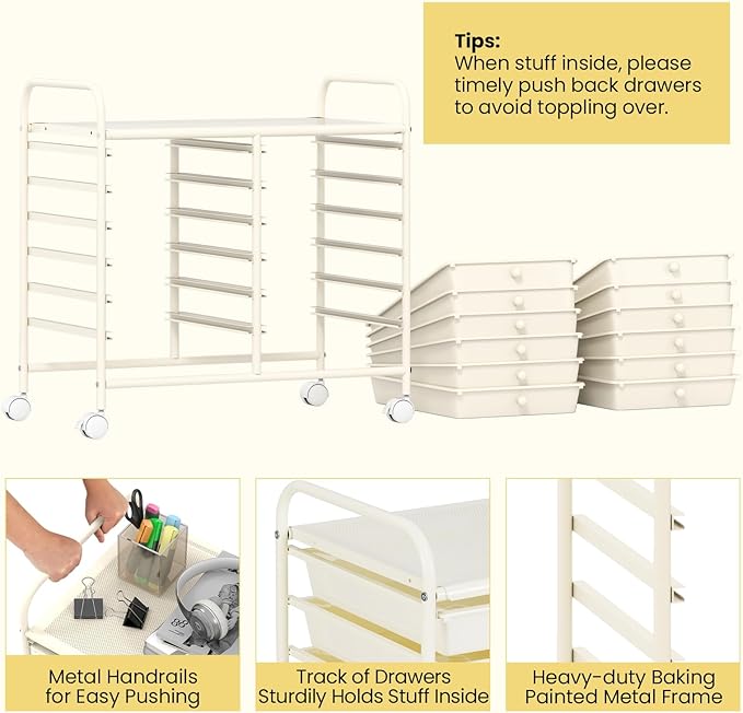 Giantex 12 Drawers Rolling Cart, Mobile Storage Drawer Cart, Classroom Organizer Cart for Office School Supplies Tools Scrapbook Paper Craft Small Printer, Utility Cart on Wheels, White